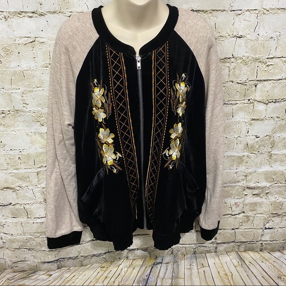 Mystree Black Velour Embroidered Zip Up Jacket - Picture 1 of 6